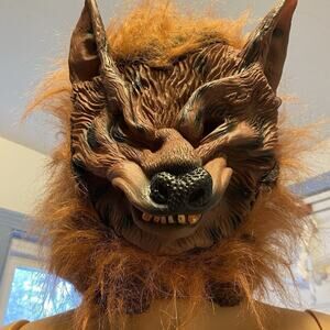 Vintage Y2K Latex Wolf Head Faux Fur Halloween Face Mask Creepy